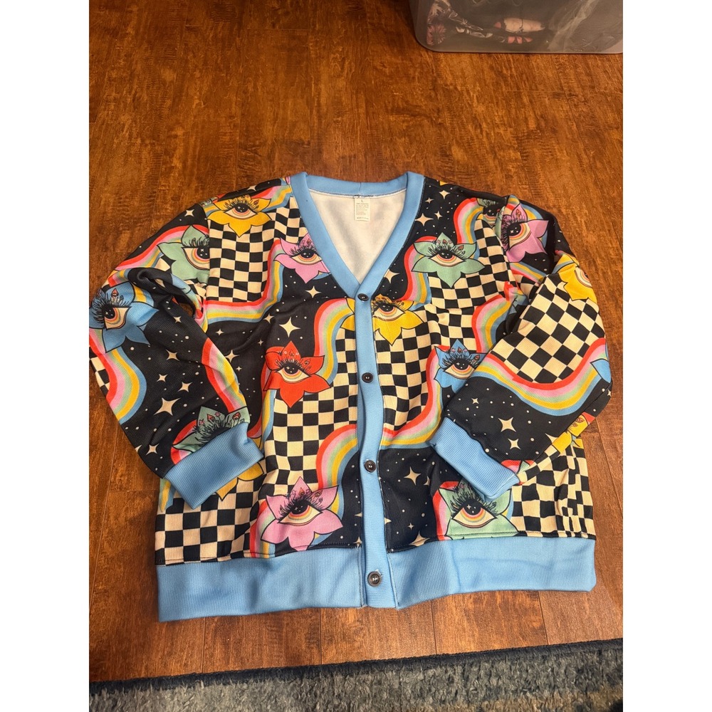 Psychedelic Celestial Eye Rainbow Checkered Graphic Cardigan Blue Large